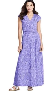 LANDS’ END Cap Sleeve Surplice Dress Purple Faux Wrap VNeck Gathered Sz S 6-8 - Picture 1 of 11