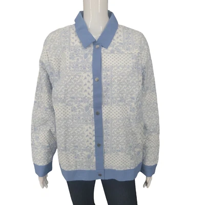 Denim Co Patchwork Allover Print Snap Jacket Large Sz Blue Modern Top w Pockets - Image 1 of 4