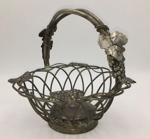 GODINGER Silver Plated Fruit Bread Bridal Basket Grape Vine Swing Handle 7.5" Cover