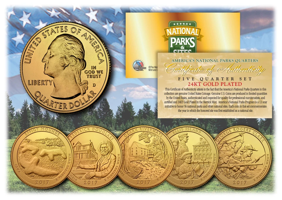 2017 America The Beautiful 24K GOLD PLATED Quarters Parks 5-Coin Set w/Capsules - Image 1 of 1
