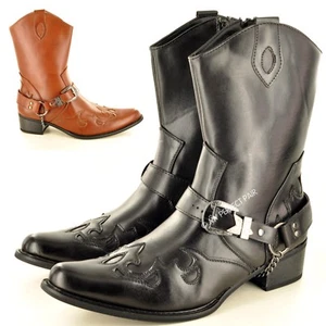 New Mens Western Cowboy Boots Ankle Zip Up Black Boots UK Size 7 8 9 10 11 12 - Picture 1 of 23