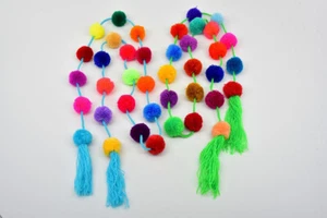 Mexican Decor Ethnic Boho Tribal Home Decor Party Strings with Pom Poms 60" - Picture 1 of 3