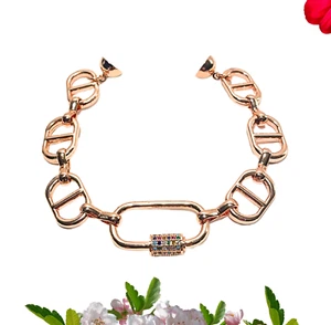 Woman's Bracelet 18KRose Gold Plated Cubic Zirconia's Stainless Steel Carabiner - Picture 1 of 11