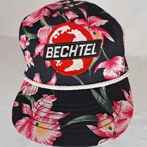 Vtg Custom PG&E Bechtel Hat Puff Front SnapBack Floral World BlackPink Tropical - Picture 1 of 7