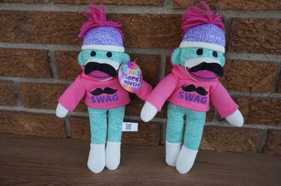 2 PLUSH Sock MONKEY Funky Mustache SWAG Shirt Doll Green Pink Purple White Lot - Image 1 of 4