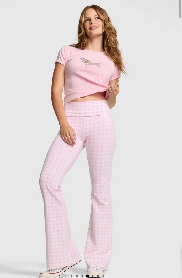 PINK x LoveShackFancy Cotton Foldover Flare Leggings in ICON GINGHAM XS-L - Image 1 of 4