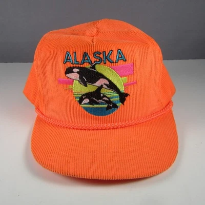 Vintage ACE Alaska NEON Orange Trucker Hat Corduroy Snapback Killer Whales Cap - Image 1 of 4