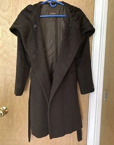 Cole Haan Coat Alpaca Shawl Collar Hood Wool Sz 4 Women’s Brown Belt Trench - Picture 1 of 12