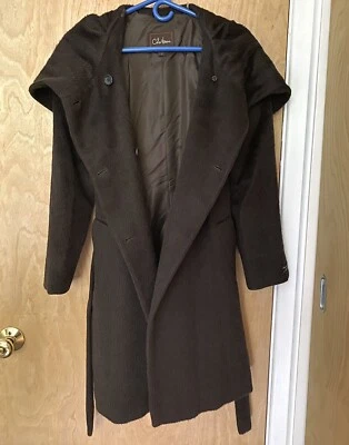 Cole Haan Coat Alpaca Shawl Collar Hood Wool Sz 4 Women’s Brown Belt Trench - Image 1 of 4