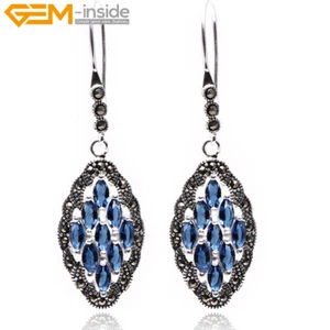 rhombus black agate beads inlaied tibetan silver dangle earrings women 17x29mm - Picture 1 of 25