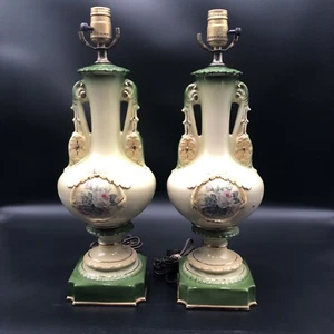 2 Vintage Style French Victorian Art Deco Ceramic Urn Green/Yellow Roses Lamps - Picture 1 of 11