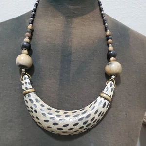 Vintage Tribal Wooden Bead Horn Necklace bohemian statement piece - Picture 1 of 5