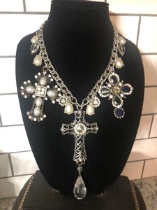 Vintage Triple Cross & Bead Statement Necklace! Repurposed & 1 of a Kind! - Picture 1 of 9