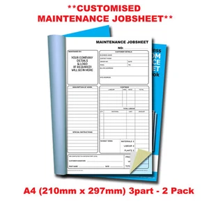 *PERSONALISED* NCR Maintenance Jobsheet Triplicate Book A4 (210mm x 297mm) 2PACK - Picture 1 of 4