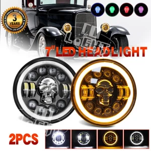 Pair 7" inch Round RGB Skull LED Headlights Halo DRL For Ford Model A 1930 1931 - Foto 1 di 19