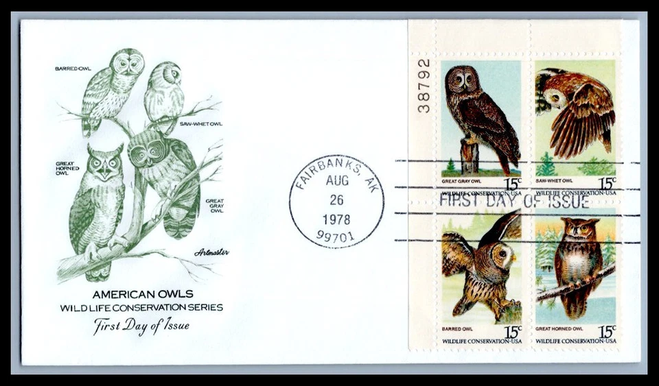 US FDC # 1760-1763 15c Owls Artmaster Plate Block  1978, 9p496 - Image 1 of 1