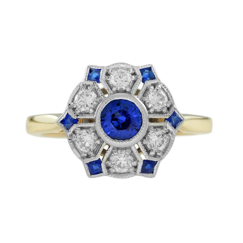 Anillo con racimo estilo antiguo de diamantes de zafiro natural de Ceilán de oro de dos tonos de 18 quilates Foto 1 de 4