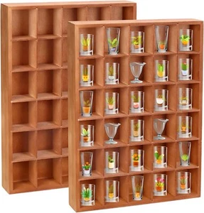 2 Pcs Shot Glass Display Case Brown Wooden Shot Glass Holder Display Wall Mou - Picture 1 of 3