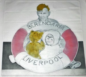Radierung Rettungsring und verspieltes Kind, Passagierschiff Berengaria, Liverpool - Bild 1 von 6
