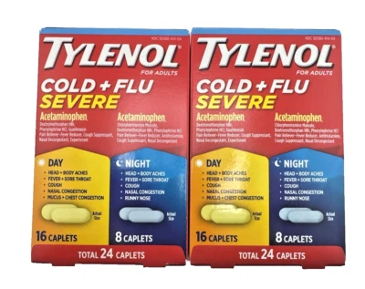 (Paquete de 2) TYLENOL Resfriado y Gripe Severo Día/Noche Comprimidos 24 unidades ~ Exp 2/2026 NUEVO Foto 1 de 4
