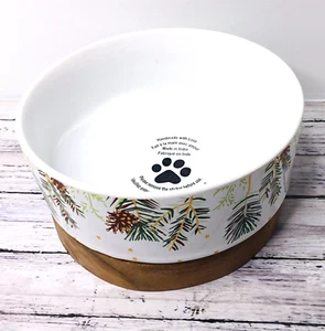 Feed Bowl Ceramic on Wood Base 3.5"x6"  Christmas Pine Cones Dog Water Bowl - Picture 1 of 4