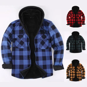 Men Plaid Work Jacket Lumberjack Sherpa Warm Hoodie Hooded Flannel Shirt - Picture 1 of 23