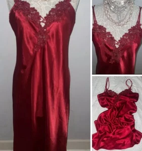 California Dynasty Woman’s M Satin Nightgown Long Red CHEMISE Nightie BEADED - Picture 1 of 16