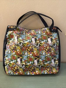 Borsa tote Ed Hardy geisha teschio tatuaggio arte zip Y2K anni 90 Christian Audigier grande - Foto 1 di 8