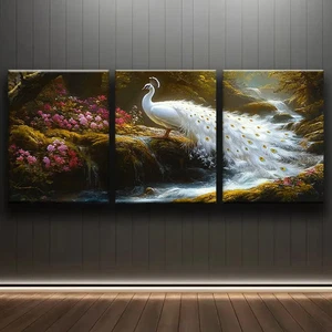 Arte de pared floral y pavo real blanco 3 piezas lienzo sin marco/enmarcado - Imagen 1 de 8