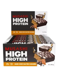 MUSASHI High Protein 12 x 90g Bars - Dark Choc Salted Caramel P45g C1.3g F8.1g - Picture 1 of 2