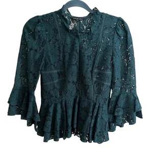 Top Marissa Webb Verde Encaje Peplum Volantes Estilo Campana Manga XS - Imagen 1 de 5