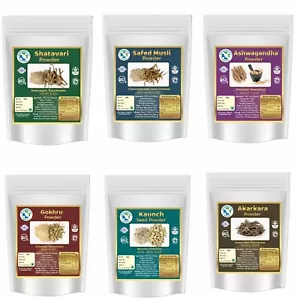 Safed Musli, Ashwagandha, Shatavari, Kaunch, Gokhru, Akarkara Powder (50gm Each) - Picture 1 of 7