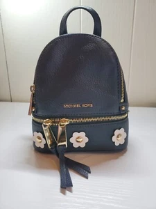 Michael Kors Rhea Mini Navy Blue Leather Backpack With Floral Appliqué - Picture 1 of 11