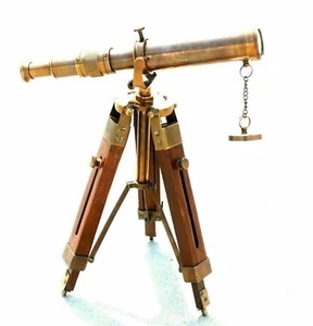 Brass Antique Finish Nautical Spyglass Telescope With Wooden Brown Tripod Stand - Picture 1 of 10