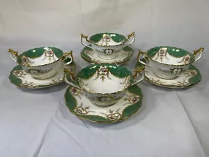 (4) Cauldon England for Henry Morgan & Co, Green & Rose Bouquet CREAM SOUP SETS - Picture 1 of 12