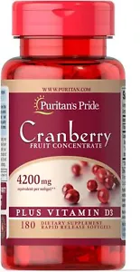 Puritan's Pride Cranberry Fruit Concentrate 4200mg Plus Vitamin D3, 180 Softgels - Picture 1 of 1