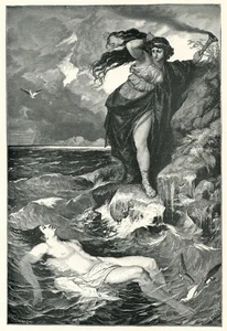 Hero And Leander by the sea, Lovers, Greek Mythology 1902 vintage art print - Picture 1 of 3