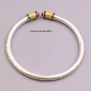 Brazalete de plata fina 999 sólido para mujer dorado patrón de la suerte brazalete abierto 2,36" W - Imagen 1 de 8