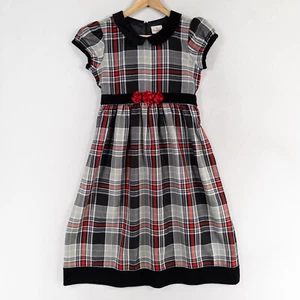 Hanna Andersson Dress 160 US 14 16 XL Black Red White Plaid Velvet Trim Rosettes - Picture 1 of 8