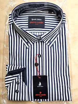 Camisa de vestir vintage Pierre Cardin Paris azul marino y blanco a rayas manga larga (2XL) Foto 1 de 4