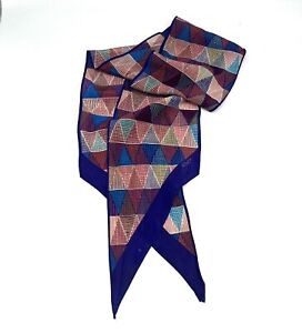 ECHO Long Silk Chiffon Scarf Blue Multi Point Neck Bow 5”x61” Geometric 70’s