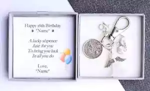 Personalised 16th Birthday Gift Lucky Sixpence Charm Novelty Keyring - Gift - Picture 1 of 5
