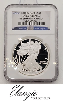 2010-W Prueba Silver Eagle NGC PF69 ULTRA CAMAFEO LANZAMIENTOS TEMPRANOS ETIQUETA 25 AÑOS Foto 1 de 4