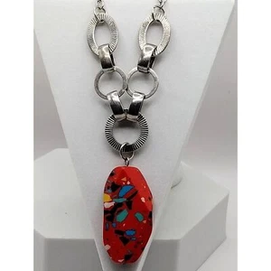Vintage Terrazzo Red Glass Pendant on Silver Tone Chain Lg Mixed Metal Circles - Imagen 1 de 6