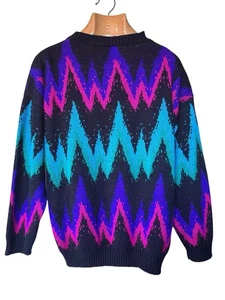 Vintage 80er 90er schwarz Strick Chevron Zick Zack rosa lila türkis 2XL Pullover - Bild 1 von 2