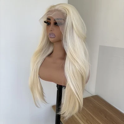 Pelucas delanteras de encaje en T resistentes al calor rubio platino largas lactas Foto 1 de 4