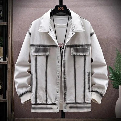 Chaqueta de mezclilla de lujo para hombre Moda Suelta Informal Moda Abrigo de jean retro de calle alta Foto 1 de 4