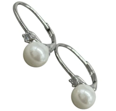 Orecchini Donna Perla bianca Argento 925 firmati punti luce Pendenti Made in Ita - Immagine 1 di 4