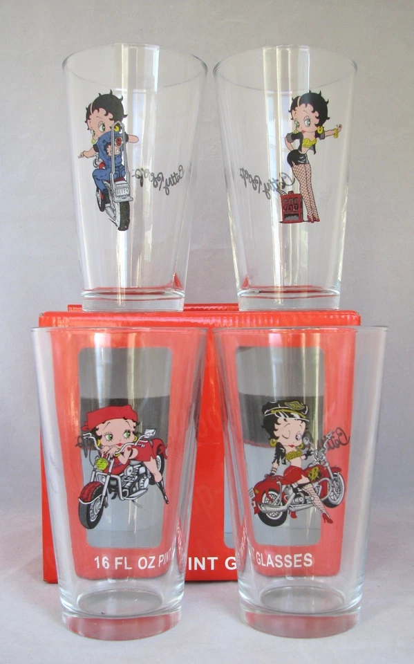 NUEVO JUEGO DE 4 VIDRIOS TRANSPARENTES BETTY BOOP ON BIKE 16 FL OZ PINTA con CAJA Foto 1 de 1