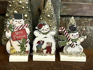 Retrò Vintage Natale Inverno Manichino Tavola Legno Pupazzo di Neve Scaffale Sitter Set di 3 - Foto 1 di 17